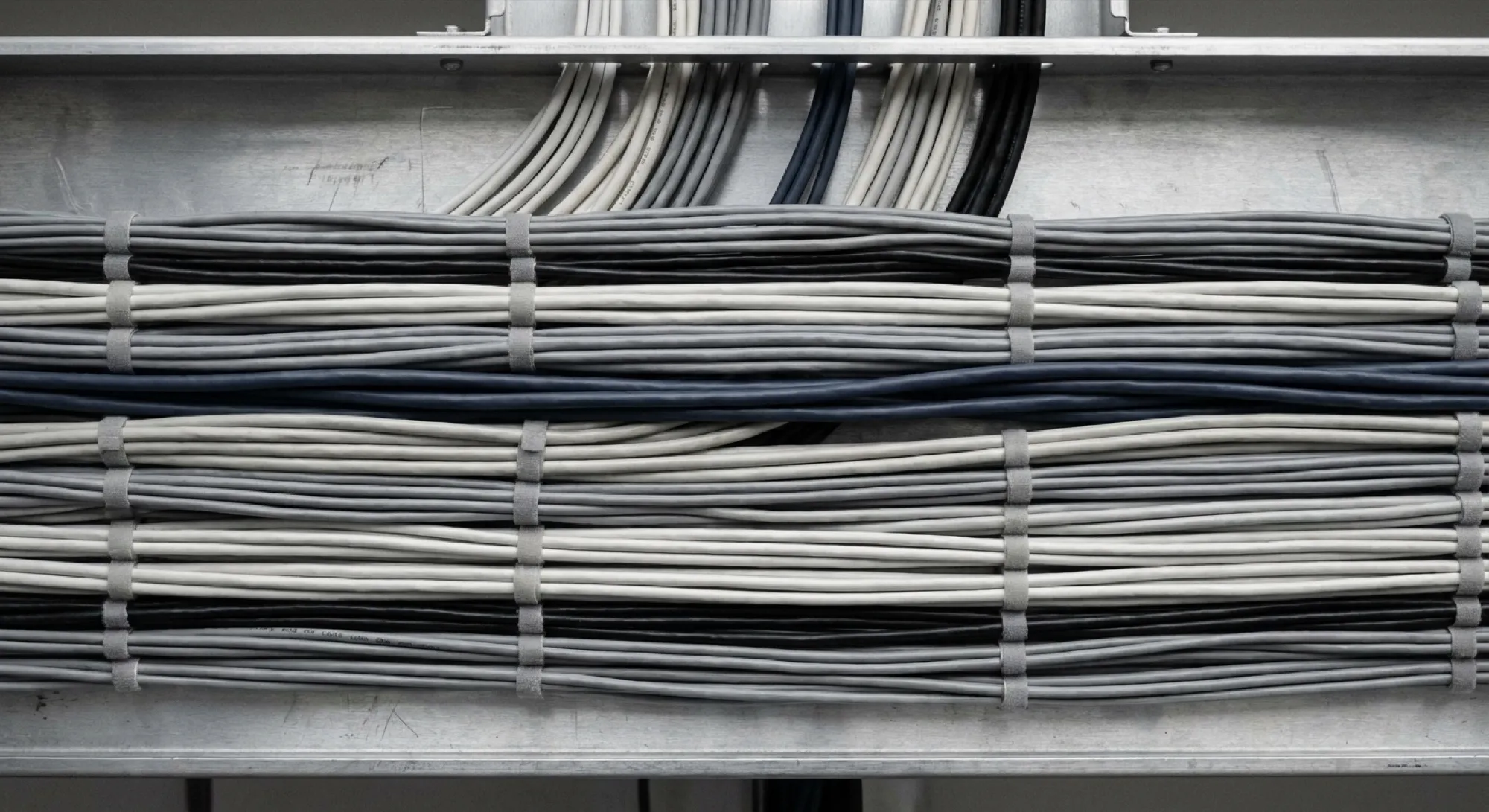 Combed network cabling, one line carrying signal blue.