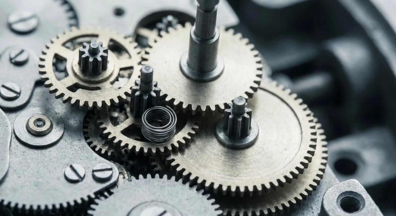 Interlocking machined gears meshing as one mechanism.